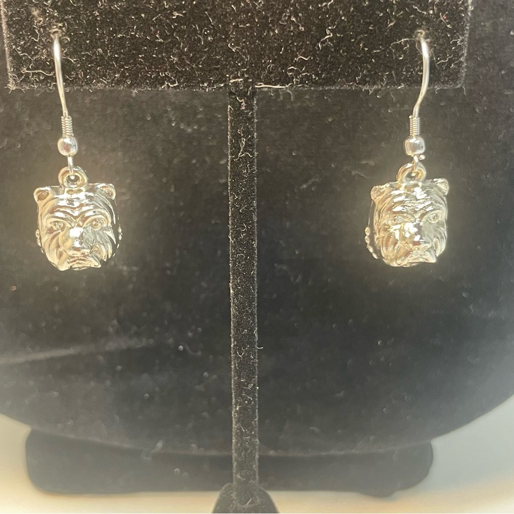 Silver Tone Bulldog Dangle Earrings